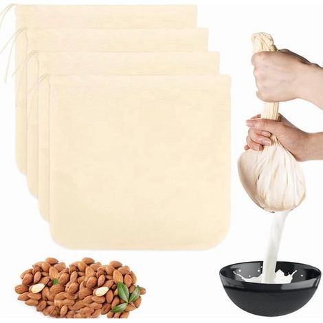 4 sacs de lait à noix, sacs de fromage en coton non blanchi de 12 "x12" sacs de lait à noix réutilisables sacs de fromage pour l'amande, le fromage, le yogourt, le jus, le thé, le vin, la soupe