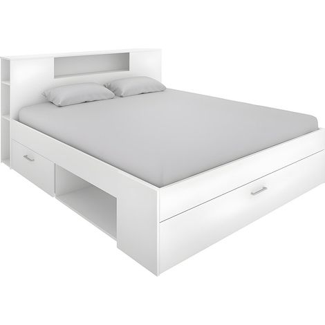 Letto matrimoniale con testiera portaoggetti e cassetti 160 x 200 cm Bianco - LEANDRE (1/4)
