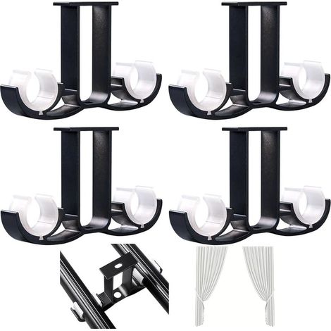 4 pièces supports pour rideaux doubles Tringle à rideaux en métal robuste Support de rideaux pour montage au plafond (noir) (1/5)