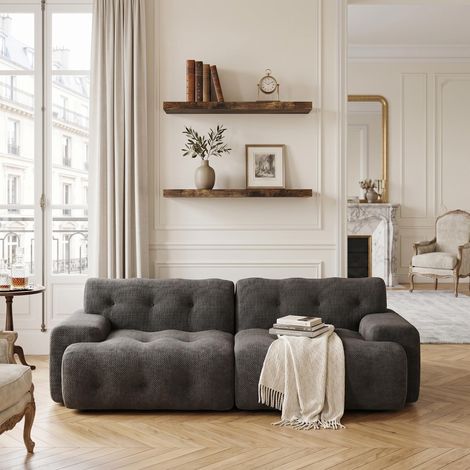 FurnitureR Wohnzimmer Set modulares Sofa 224 cm mit 60 cm Wandregal Set gepolstertes 2 Sitzer Sofa mit Stauraumlösung modernes Möbel Set, grau + braun