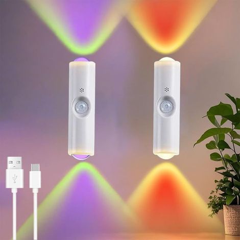 Veilleuse murale portable, lampe murale LED magnétique rechargeable par USB, veilleuse à détecteur de mouvement, lampe murale à piles 7 couleurs pour escalier, salon, chambre à coucher (2 pièces)