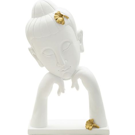 Scultura Testa Buddha variante B in resina bianca con foglie d'oro