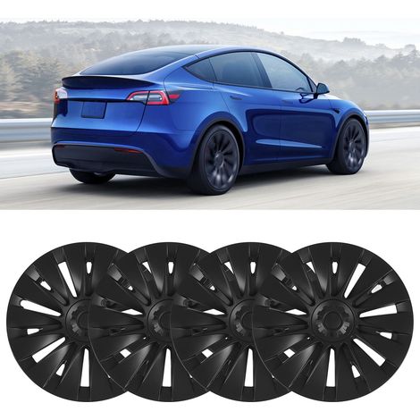 (T04) (Video verfügbar) 4 mattschwarze Radkappen für 19-Zoll-Felgen des Tesla Model Y 2020-2023 (Rechtwinkliges Design, keine Markierungen) (1/5)