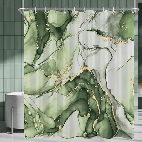 Rideau de douche 120 x 200 cm - Marbre vert olive - Ourlet lesté - Anti-moisissure - Imperméable - Lavable - En polyester - Avec 8 œillets et anneaux de rideau de douche - Pour salle de bain (1/5)