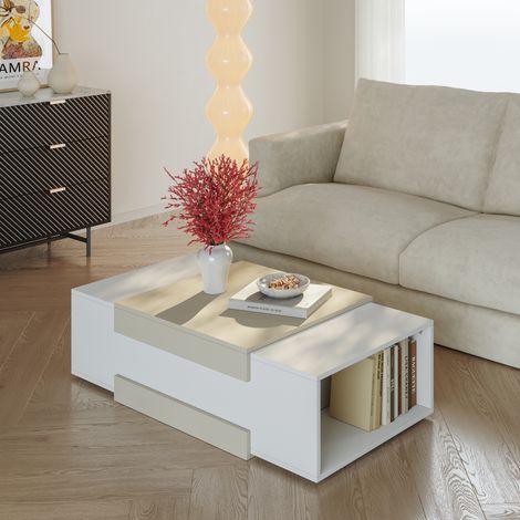Mesa de centro Eljak con 2 compartimentos 110x57x31cm - Blanco / Color arena [en.casa]