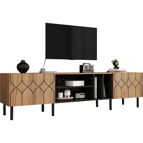 CHICFURN Mueble TV bajo para salón, 180 x 40 x 50 cm, para televisores de 32 a 70 pulgadas, 2 puertas push-to-open, 4 huecos abiertos, madera clara y negro (1/5)