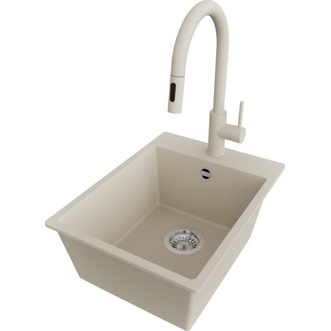 PRIMAGRAN Evier Cuisine en Granit 38x50cm,Lavabo 1 bac + Robinet 40x20cm + Kit de Vidage, Évier à Encastrer au meuble 40cm - Riga, Beige (1/5)