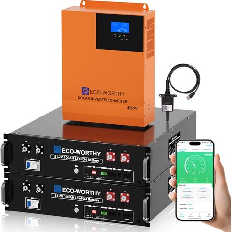 ECO-WORTHY 10,24KWh Balkonkraftwerk mit 2 x 48V (51,2V) 100Ah Server-Rack-Batterie LiFePO4 Batterie + 5000W Hybrid Inverter,mit Speicher für Solaranlage Komplettset,Haushalt