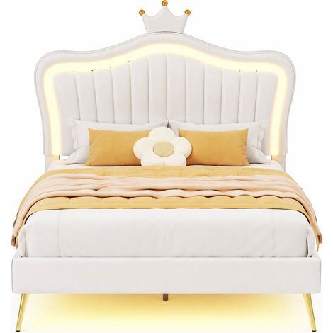 Letto Singolo per Bambini 90 x 200 cm in Similpelle, Testiera Regolabile e LED, senza Materasso, Bianco (1/5)