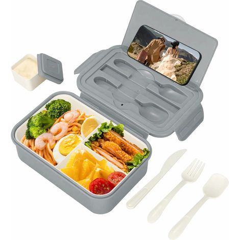 Lunch Box, Boîte Bento Repas 1400ml, Bento Lunch Box avec 3 Compartiments et Ustensiles Lunchbox Enfant Adulte pour École Pique-Nique Travail pour Micro-onde Lave-vaisselle, Gris (1/5)