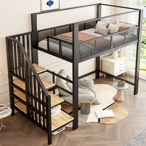 Metall Hochbett 90x200 cm mit Sicherheitstreppe und Stauraum, Schwarzes Loftbett mit Baldachin und Arbeitsfläche für Jugendzimmer (1/5)
