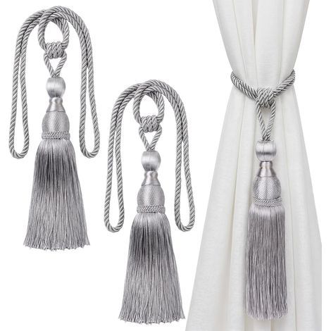Lot de 2 embrasses de Rideaux Faites à la Main en Corde avec Pompons, Embrasse pour Rideaux avec Pompons, Lot Embrasse de Rideaux Longues à Pompons, Embrasse Rideau Frange pour Fenêtre(Silver) (1/5)
