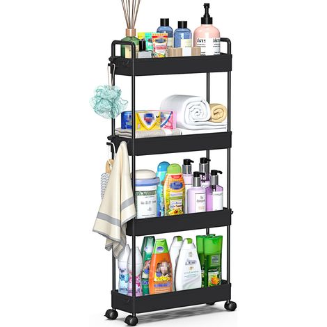 Chariot de Rangement à 4 étagères Chariot Coulissant et Coulissant de Rangement Mobile pour Cuisine, Salle de Bain, buanderie, Chambre à Coucher, Espace étroit, Plastique, Noir (1/5)
