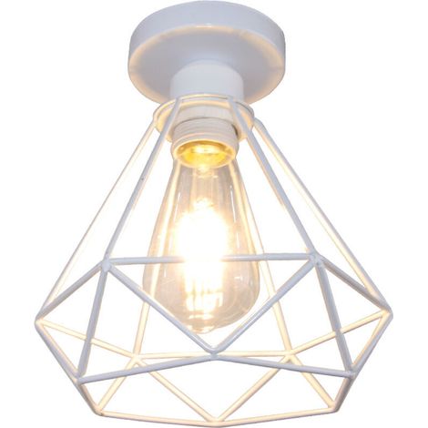 Rétro Plafonnier Industrielle Cage Design forme Diamant 20cm, Lustre Abat-jour Vintage Lampe de Plafond en Métal Fer Luminaire E27 - Blanc