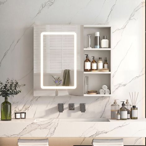 Wandschrank für das Badezimmer mit LED-Spiegel – 60 x 60 x 15 cm – 3-farbiger, beschlagfreier LED-Spiegel und praktisches seitliches Regal – Weiß