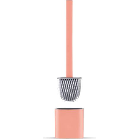 Silicone Toilet Brush Holder, Flat Toilet Brush and Holder, Drip-Free, Antibacterial, Vented Toilet Brush, Quick Drying, Odorless, Wall/Floor Toilet Brush, Bathroom and Toilet (Pink) (1/5)