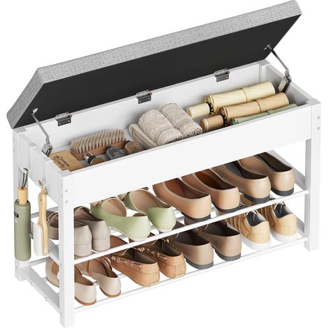 WOLTU Banc Chaussures Entrée en Lin Imitation, Banc de Rangement avec Siège Rembourré, 1 Compartiment Dissimulé, 80x30x50 cm, Blanc+Gris Clair (1/4)