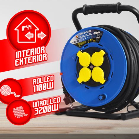 Enrouleur électrique 4 prises 40m H07RN-F 3G2.5mm² – Protection enfants IP44 – Disjoncteur thermique – Système anti-twist – I-Watts