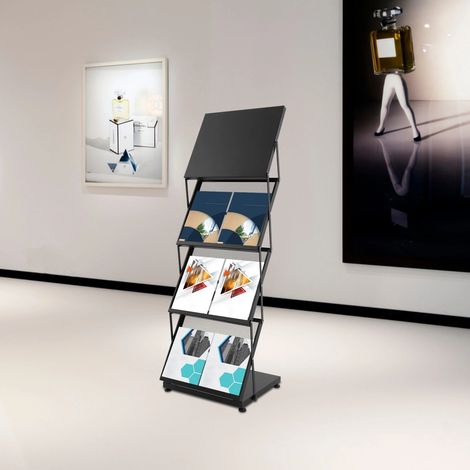 Espositore per brochure/leggio nero: supporto pieghevole in metallo per brochure e riviste, dotato di 3 scomparti per cataloghi, riviste o volantini in formato A4 utilizzabile anche come leggio. (1/5)