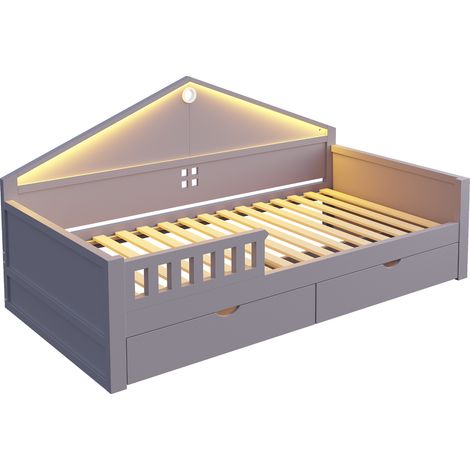 Cama infantil 90 x 200 cm con banda LED, 2 cajones, somier, gris (1/5)