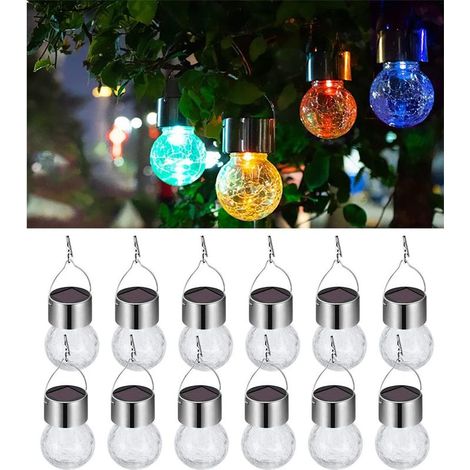 Lampe LED à énergie solaire à suspendre en forme de boule de verre craquelé, lanterne décorative d'extérieur étanche pour jardin, cour, terrasse, pelouse (1/4)