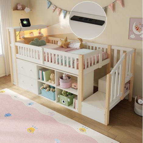 Letto a soppalco 90 x 200 cm con contenitori e LED, pino e MDF, naturale HAVRYA (1/5)