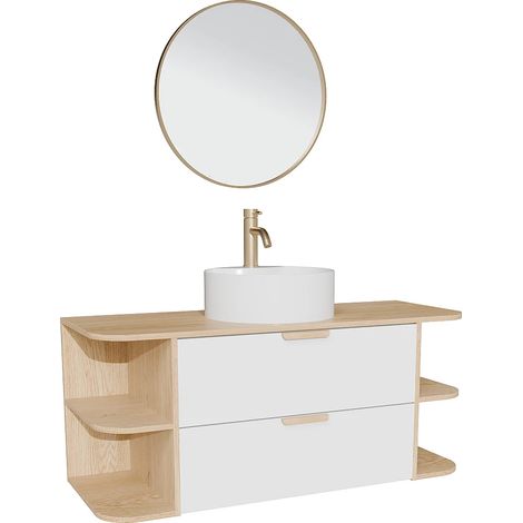 Meuble de salle de bain suspendu avec niches, vasque à poser ronde, robinet et miroir – Blanc et naturel clair – L120 cm – AVORELI (1/5)