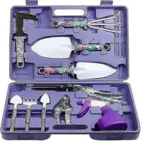 Ensemble de 10 outils de jardinage à fleurs violettes, comprenant un manche, une pelle de jardinage, un sécateur et un pulvérisateur.