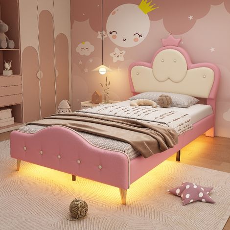 Kinderbett 90x200 Mädchen Polsterbett mit LED-Beleuchtung und Krone, Einzelbett aus PU-Leder mit weichen Schutzkanten, Rosa und Weiß (1/5)