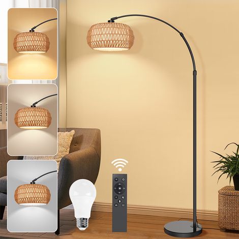 Lampadaire Salon avec Abat-Jour Rotin - Variateur Infini, élécommande/APP/Pédale, Bras 360° & Hauteur Réglable, Arc Base Marbre (1/5)