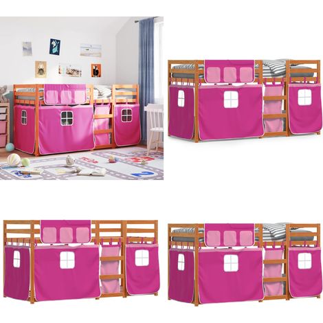 Litera con cortinas madera maciza de pino rosa 90x200 cm - Litera con cortinas - Cama para niños