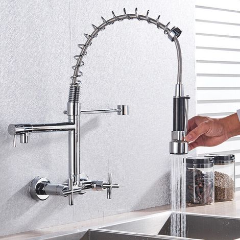 Zamery – Robinet de cuisine mural avec douchette extensible – Rotation 360° – 3 modes de jet – Acier inoxydable noir moderne (1/5)