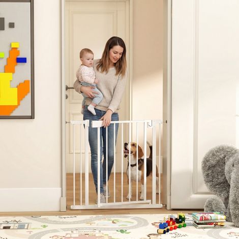 Barrière d'escalier sans perçage avec fermeture automatique pour enfants, cuisine et escaliers – 76-89 x 76 cm, blanche