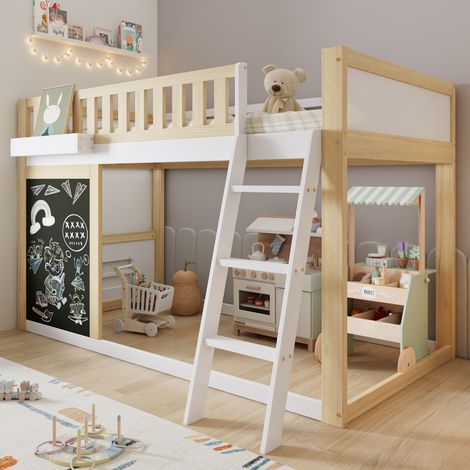 Letto a soppalco per bambini 90x200 cm con lavagna, contenitore, bianco naturale, OKWISH (1/5)