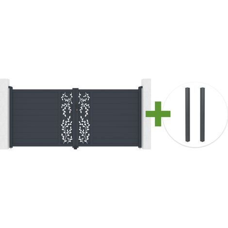Portail battant 3,5m FOLYA H.160cm aluminium gris + 2 poteaux 15x15cm (1/5)