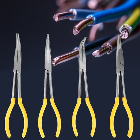 Kit de 4 pinces mécaniques de 28 cm (11 pouces) de long, à bec long, coudées à 25°, 45° et 90°, avec embouts droits et coudés, en acier au carbone. (1/5)