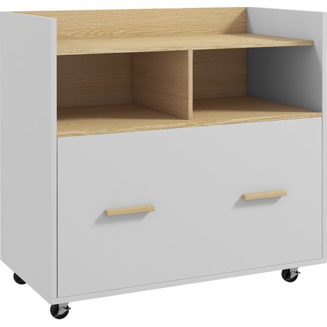 Mobile contenitore con ruote, cassetto, barre appendiabiti per formato A4 e 2 scomparti, 76x40x75,5 cm, rovere e bianco.