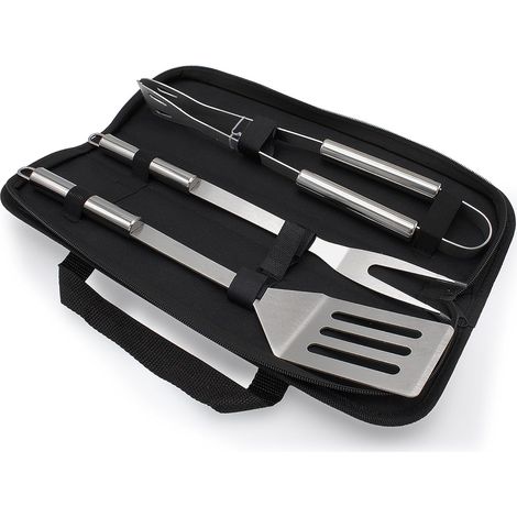 Set de 3 ustensiles de barbecue, acier inoxydable, pince fourchette spatule, sac de transport, jardin camping extérieur (1/5)