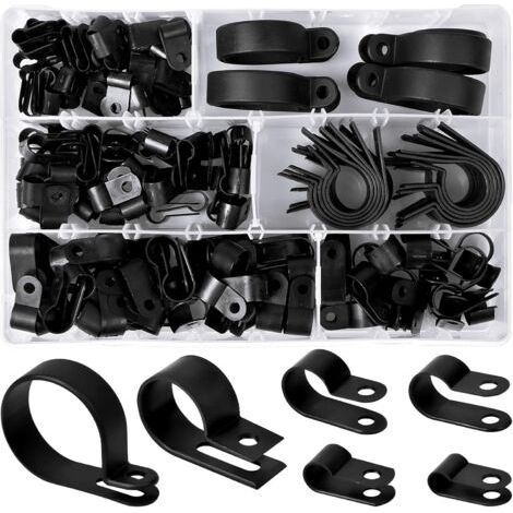 200 Stück Pinces en Plastique en Nylon R Clips Colliers de Fixation de Tubes, 6 Tailles 3/16'' 1/4'' 3/8'' 1/2'' 3/4'' 11/8'' Attaches pour Conduits, Câbles, Gaines (Noir) (1/5)