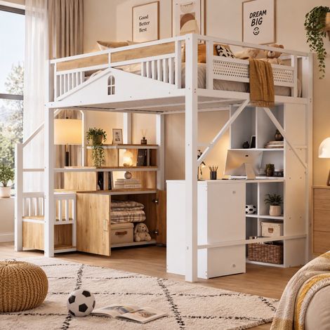 JOOKGBD-Lit Mezzanine Métal 140×200cm Style Maisonnette pour Enfant, Échelle de Sécurité avec Rangements Intégrés, Garde-corps à Décor Fenêtre, Espace Sous Lit Spacieux Finition Blanc et Effet Bois (1/5)