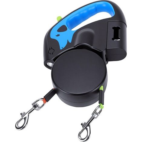 Guinzaglio doppio retrattile per cani – Guinzaglio per 2 cani (3 metri) con blocco indipendente, torcia a LED e cuciture riflettenti – Adatto a cani di piccola taglia fino a 11,3 kg ciascuno (3 metri  (1/5)