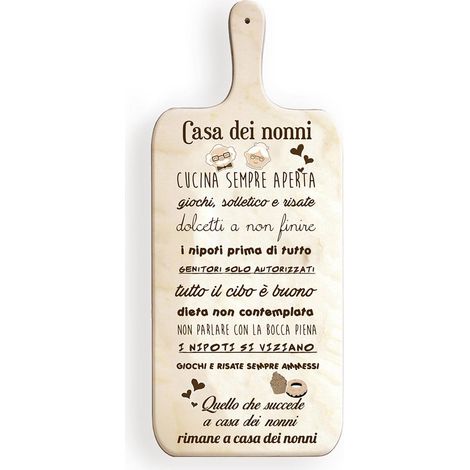 Lupia - Tagliere Decorativo LIGHT con manico in Legno 14,5x36,5 cm CASA DEI NONNI, Regalo per la festa dei NONNI, compleanno, anniversario, onomastico