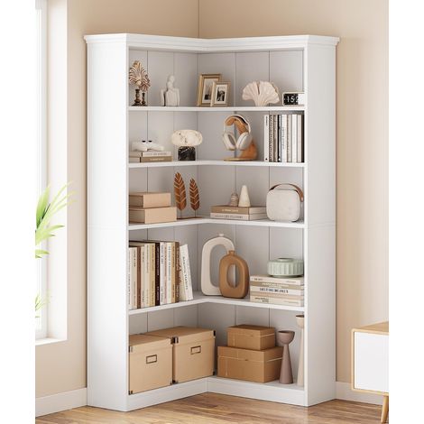 Bibliothèque d’angle L blanche pleine paroi 5 niveaux style ferme, étagère haute pour salon et chambre (1/5)