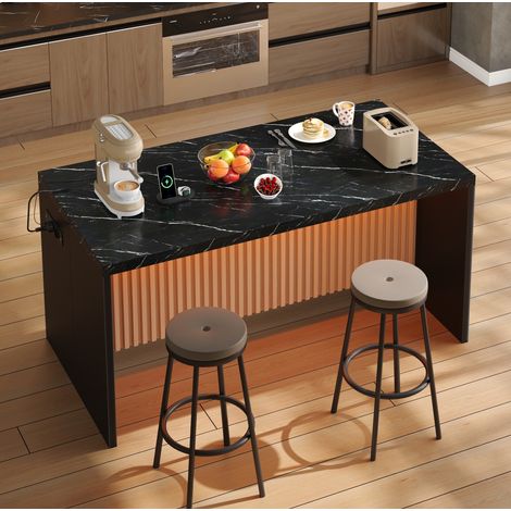 Îlot de cuisine 155x80x90 cm style industriel avec LED, prises USB, plateau 40 mm, MDF et bois - noir