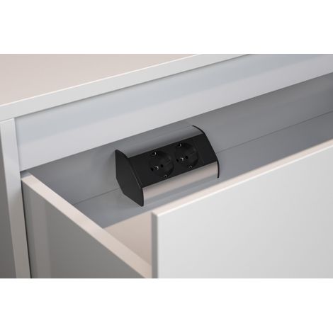 2-fach Steckdosenleiste für Ecken Schwarz/Silber Ideal zum Nachrüsten in Spiegelschränke und Badmöbel-Sets