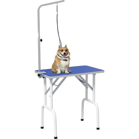 PawHut mesa de peluquería canina plegable, mesa de aseo con encimera antideslizante, brazo de acero inoxidable ajustable, 81x48,5x80 cm, azul