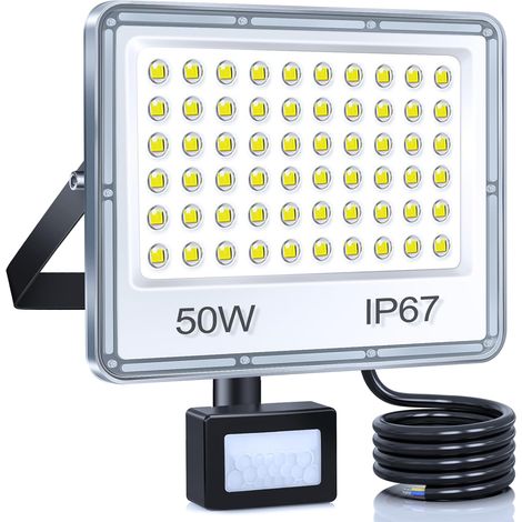 Projecteur LED Exterieur Detecteur de Mouvement 50W, 5000LM 7000K Spot LED Extérieur Detecteur de Mouvement, IP67 Etanche Eclairage Exterieur pour Jardin, Patio, Garage