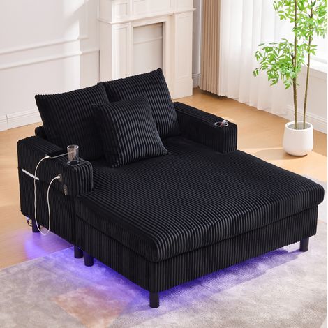 Sillón chaise longue de pana negro 142 x 128 x 85 cm con USB, LED y portavasos (1/5)