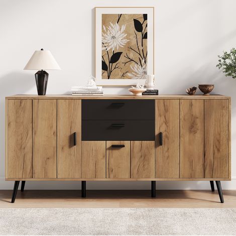 CHICFURN Aparador de salón con 2 cajones, 3 puertas, 7 compartimentos, tablero amplio y acabado madera negra, para comedor, recibidor y cocina, 140 x 35 x 67 cm (1/5)