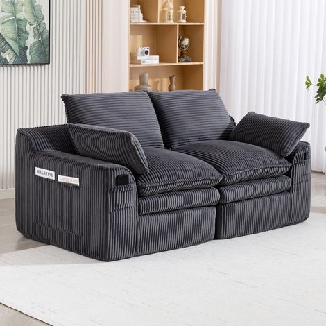 Canapé modulable 2 places gris foncé en velours côtelé, coussins, poches latérales, mousse 3 couches et ressorts pour salon et bureau (1/5)